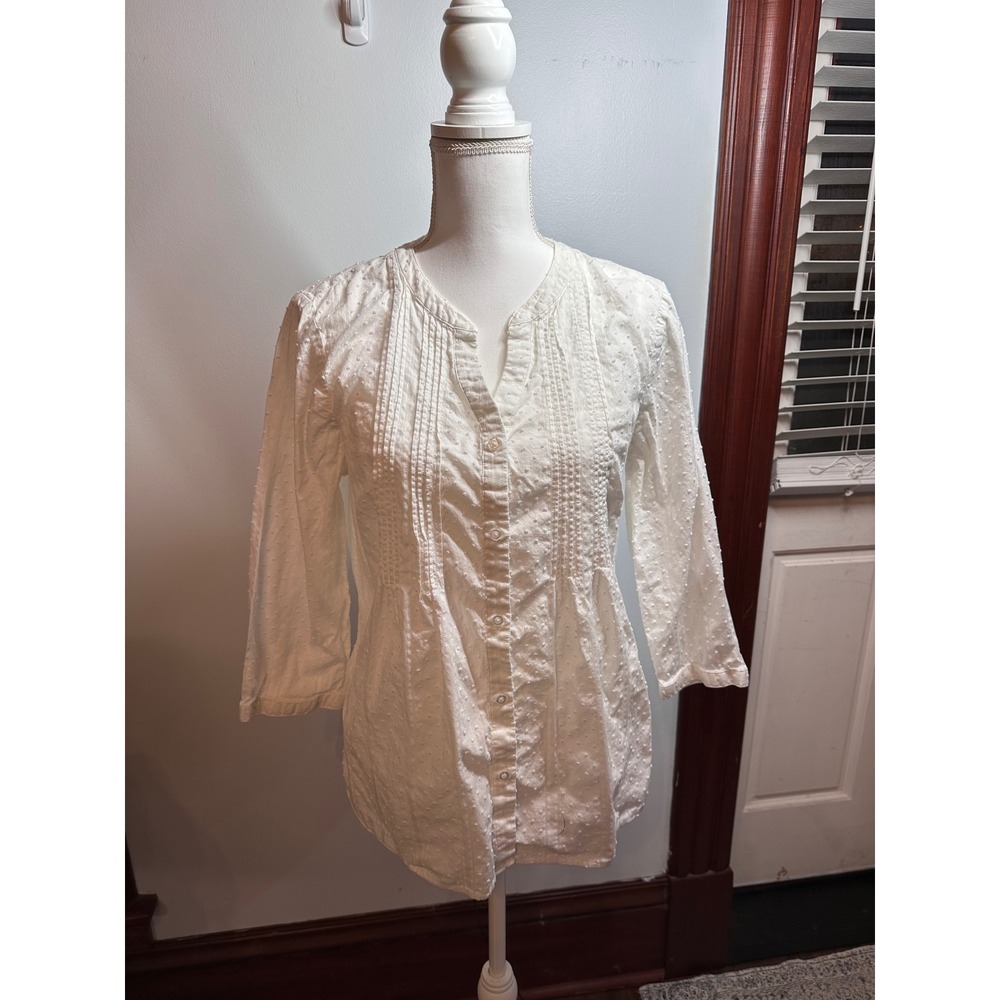 Talbots White Swiss Dot Pintuck 100% Cotton 3/4 Sleeve Button Down Blouse M